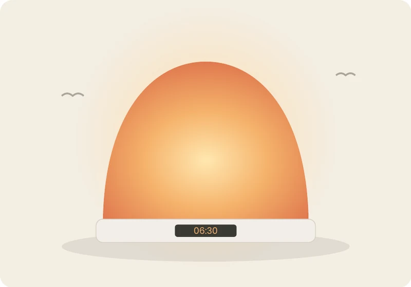 Illustration of a sunrise alarm clock glowing orange