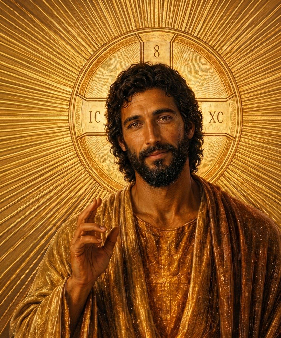 Jesus in gold, His face bright and gentle, hand raised in blessing within a radiant halo marked IC XC, rays of light spreading out behind Him.